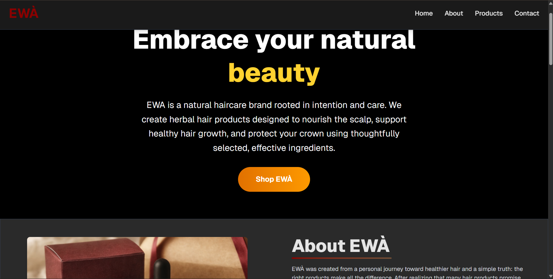 EWA Haircare website screenshot